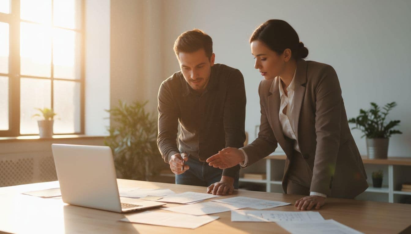 A small team of three business professionals in a modern office gathered around a desk, reviewing customer feedback notes on paper and a laptop prop during a collaborative discussion. The realistic photo features natural window lighting, warm tones, and relaxed poses with exactly three people.