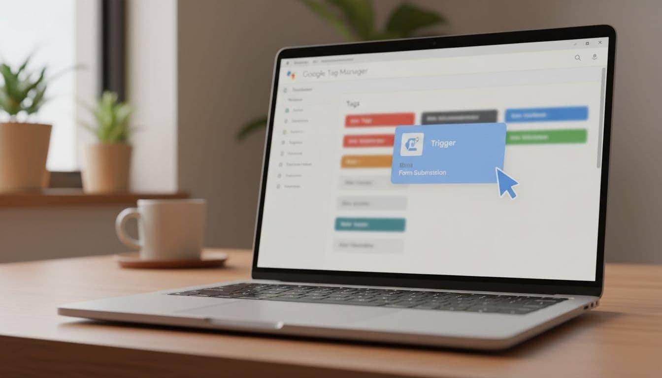 Google Tag Manager interface displayed on a laptop screen in a home office setting, with cursor hovering over a form submission trigger. Realistic style with soft lighting, simplified and blurred screen content, no people visible.