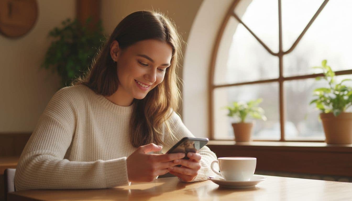 A happy customer sits at a cozy cafe table typing on a smartphone with a subtle smile, coffee cup nearby, in soft afternoon light through the window.