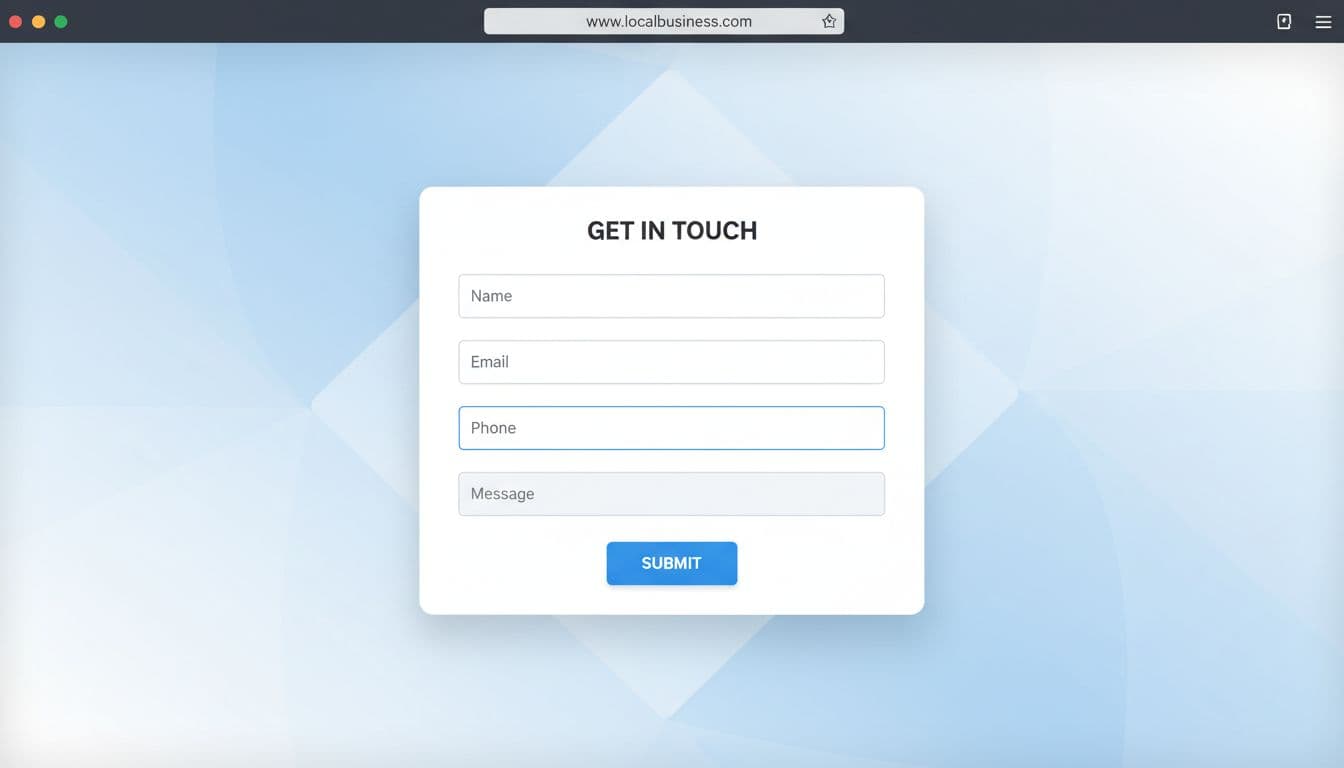 Clean contact form on a modern local business website homepage with fields for name, email, phone, and message, plus a submit button. Simple bright professional design in desktop view, no extra elements.