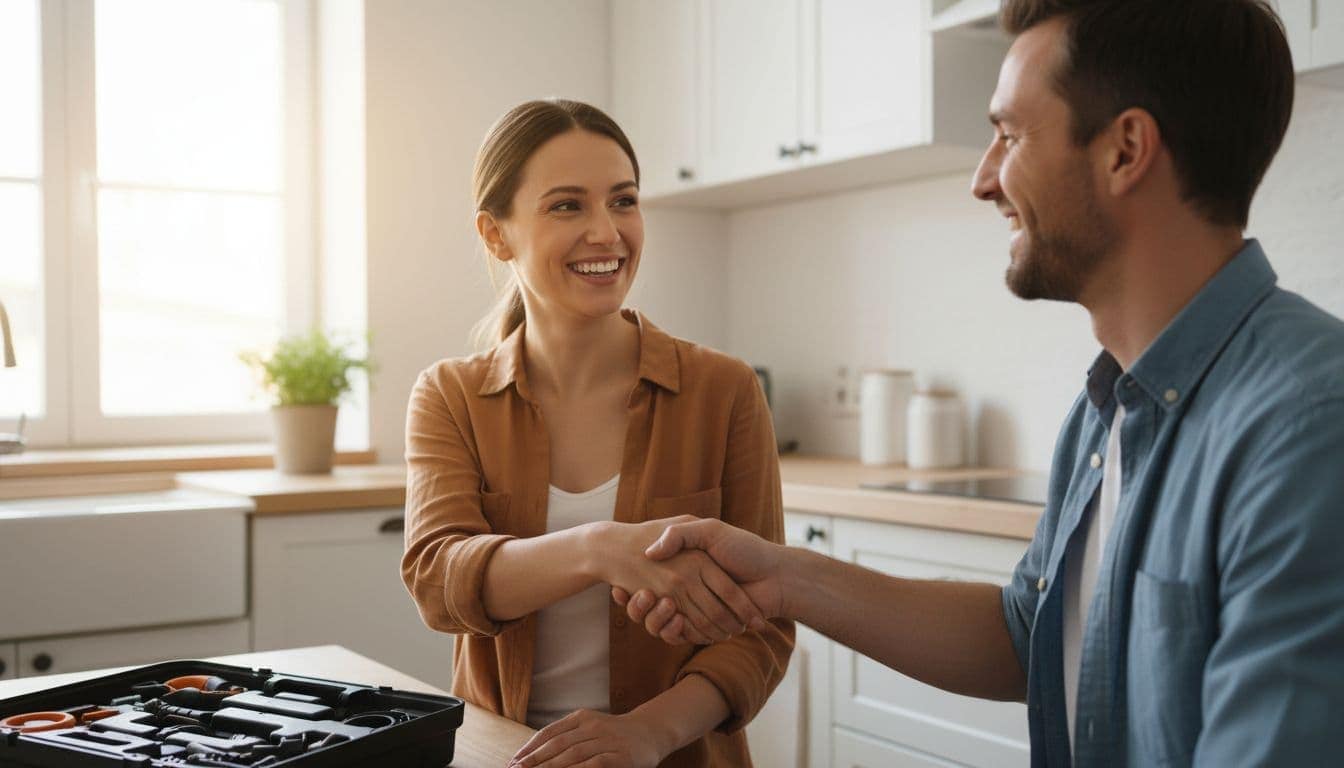 Smiling female customer shakes hands with male service technician in bright kitchen after home repair, capturing perfect timing for positive response.