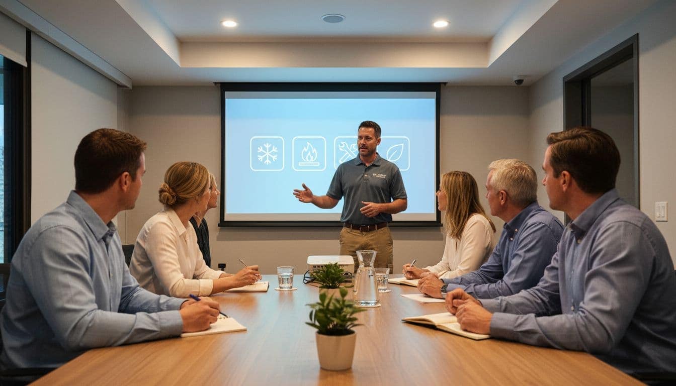 HVAC technician presents to five homeowners in modern conference room with projector screen showing service icons.