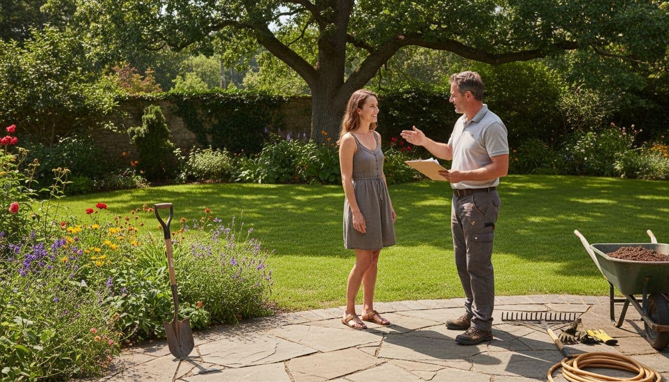 Landscaper with clipboard discusses project with homeowner on sunny backyard patio near green lawn and garden tools.