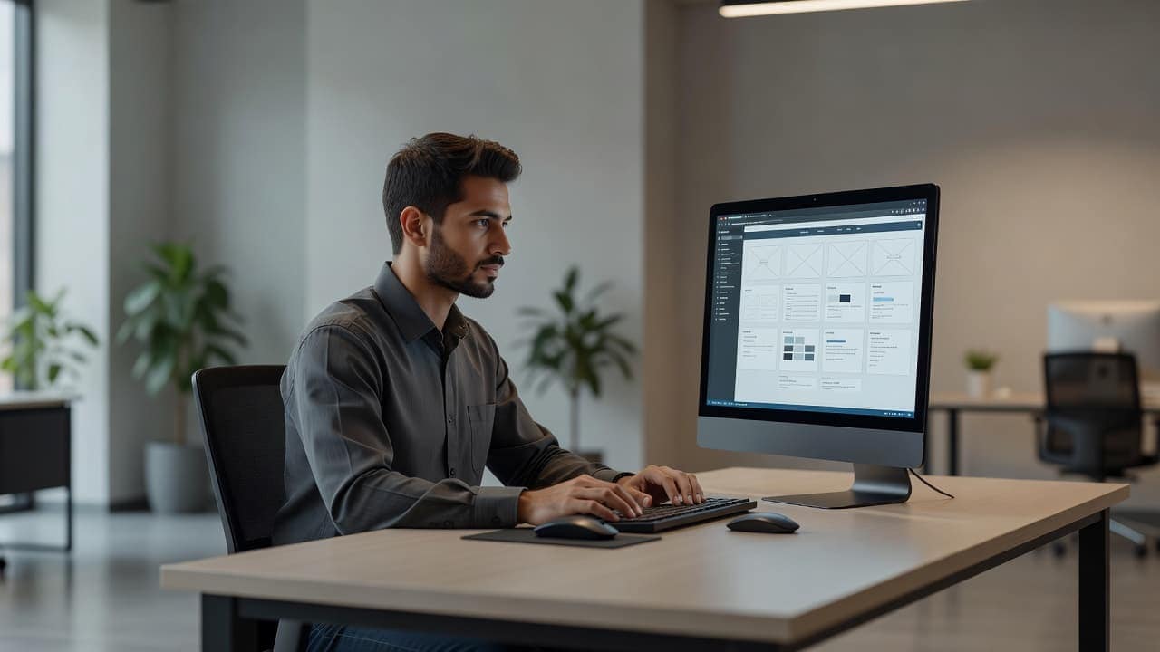 A focused developer sits at a minimalist desk, adjusting a colorful website layout on a wide screen. Soft daylight illuminates the clean workstation, highlighting a sleek keyboard and organized office tools.