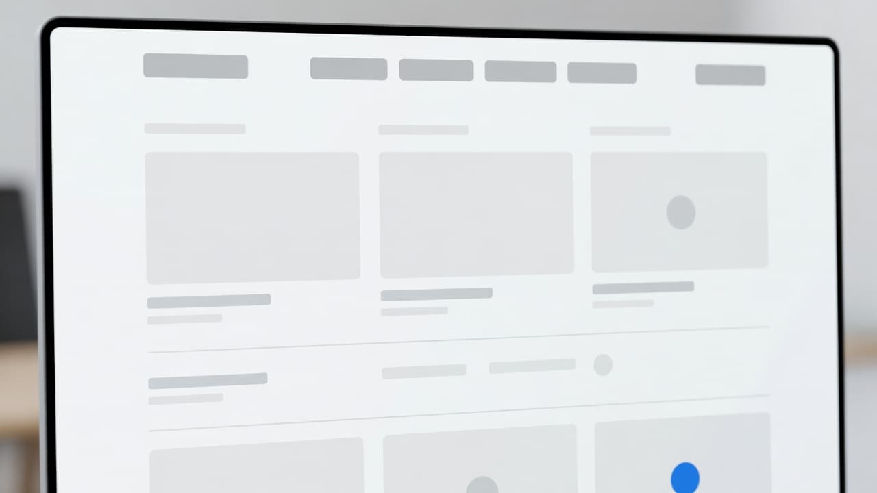 A close-up view reveals a minimalist website layout featuring intuitive navigation menus and structured content blocks. Soft, professional lighting highlights the crisp geometric interface design against a subtle blurred background.
