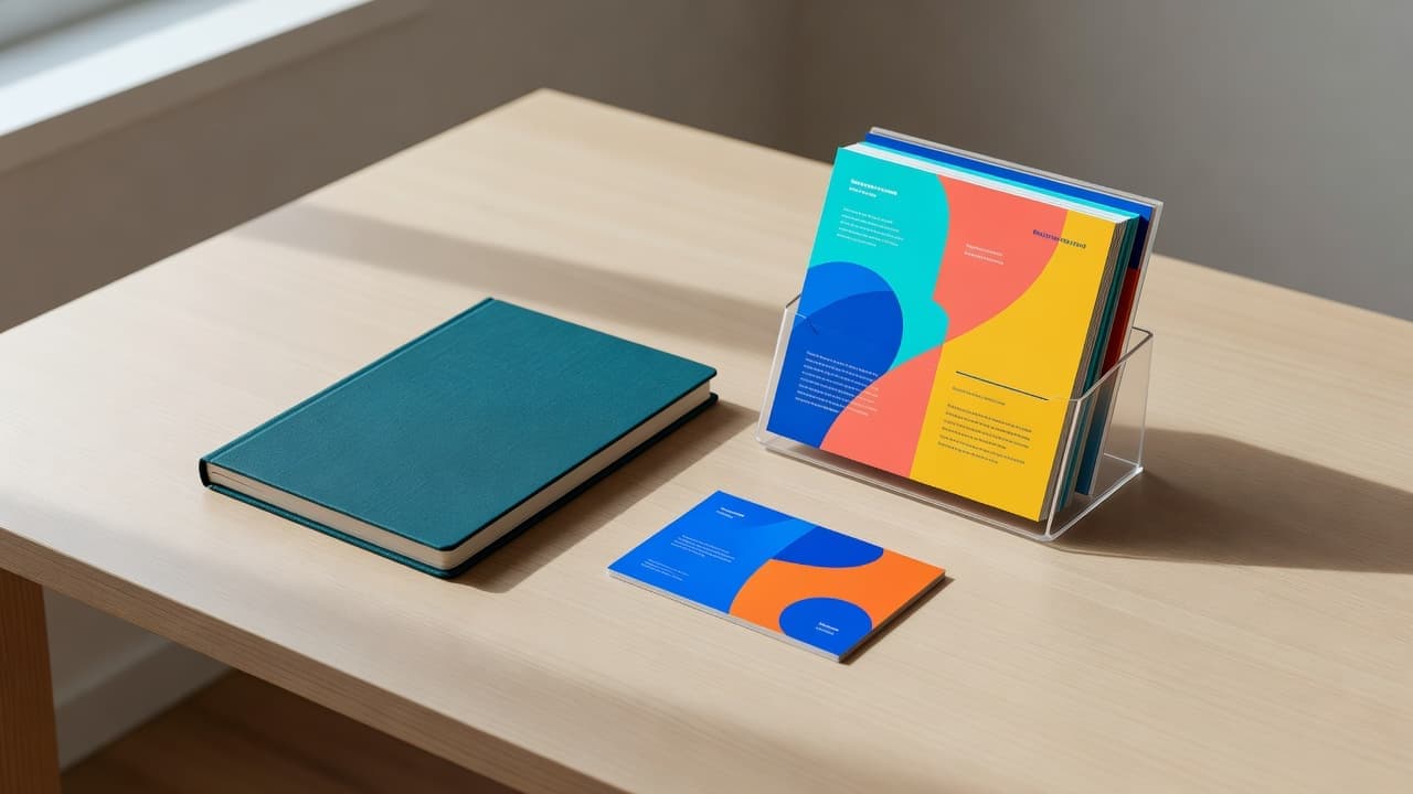 A notebook rests alongside a crisp business card and a folded brochure on a clean desk. Soft natural light illuminates the textured paper surfaces, creating a polished and minimalist professional aesthetic.