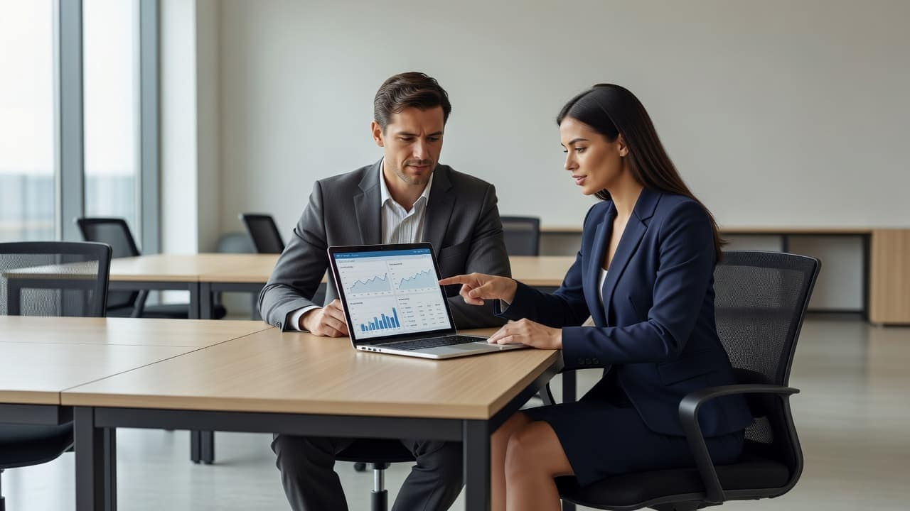 Two professionals in crisp business attire lean over a sleek glass table to examine analytics on a silver laptop. Their bright office space features clean modern furniture and soft morning light.