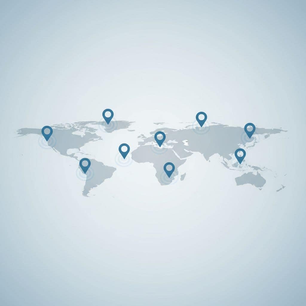 A minimalist map display features various location markers scattered across a clean surface. The design utilizes a professional palette of soft blue and gray tones to emphasize spatial business scaling.