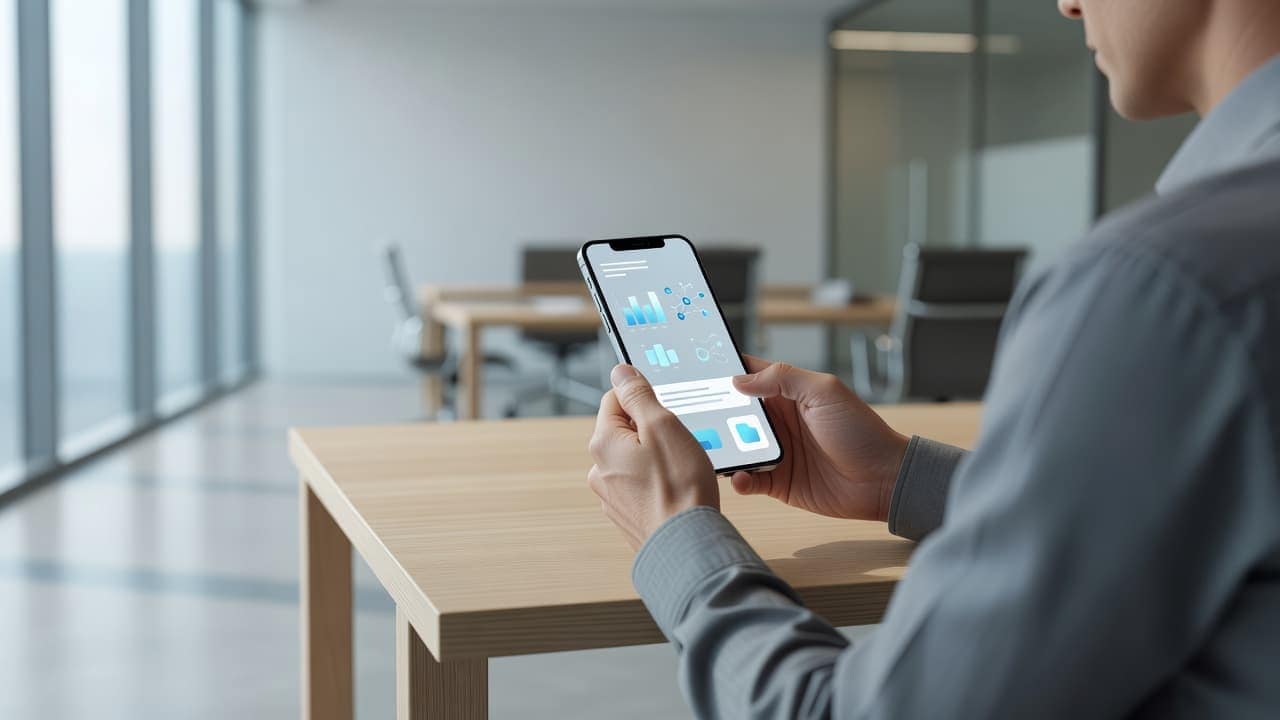 A single professional holds a sleek smartphone in a bright, modern office with soft daylight. The screen displays an organized interface of synthesized data points while the background remains blurred.