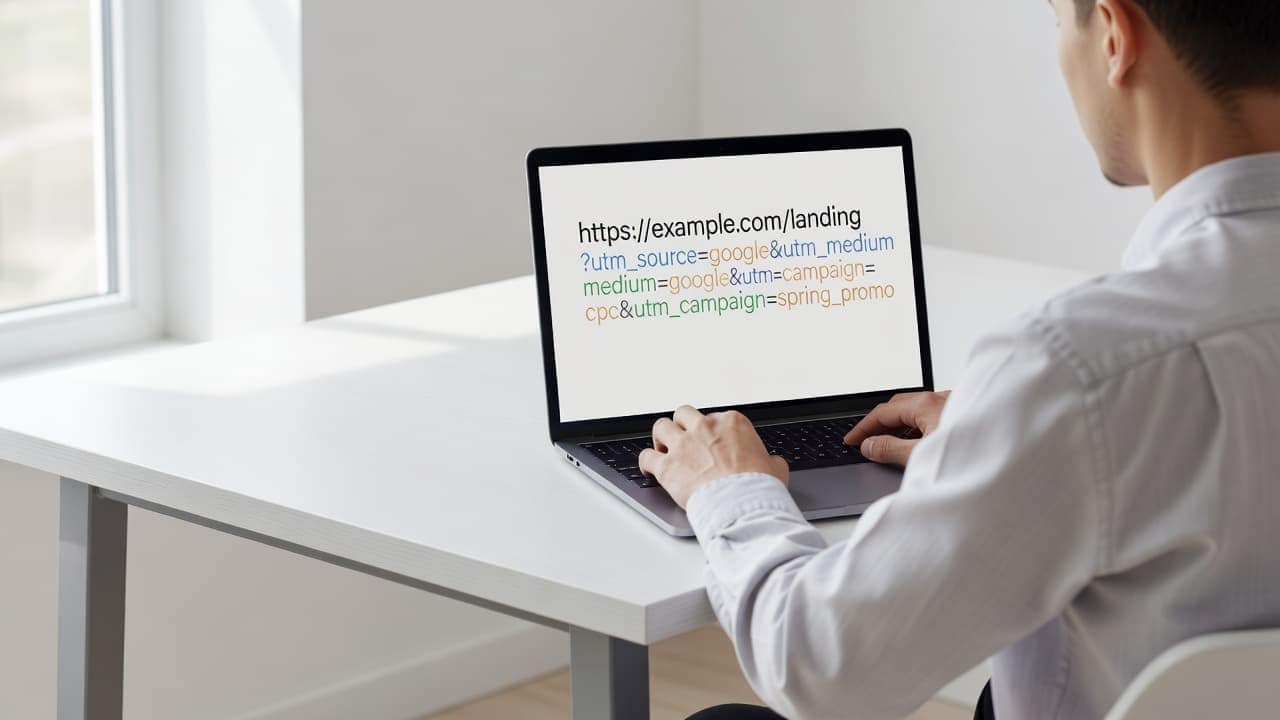 A person works at a bright, minimalist desk on a laptop that displays a structured website link with highlighted tracking parameters. Soft sunlight illuminates the clean, professional setup from the side.