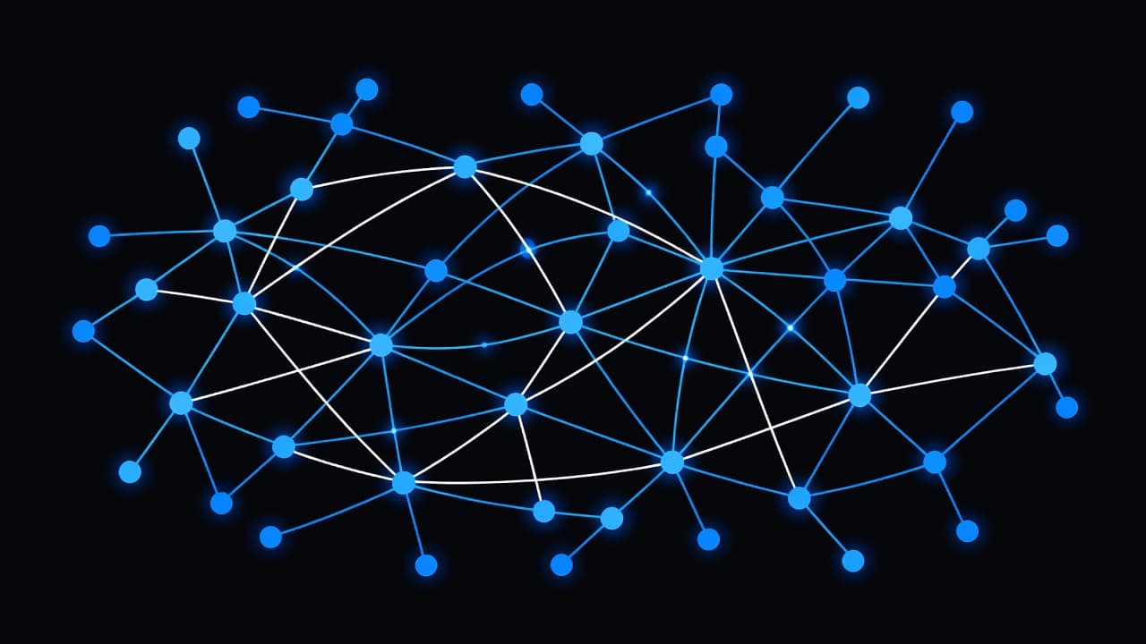 A glowing web of interconnected nodes representing a complex digital map.