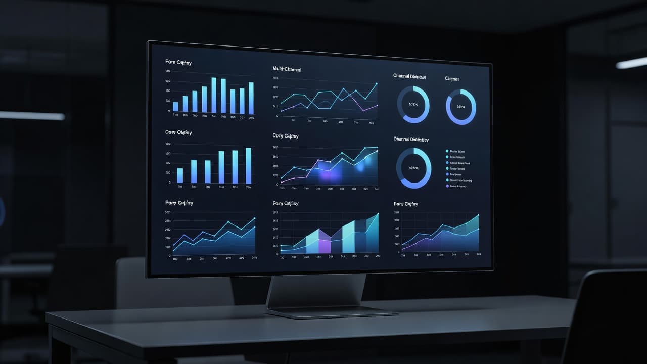 A glowing digital screen displays complex performance metrics and colorful charts inside a dimly lit contemporary office. The professional monitor highlights data visualization patterns across various marketing channels for strategic analysis.