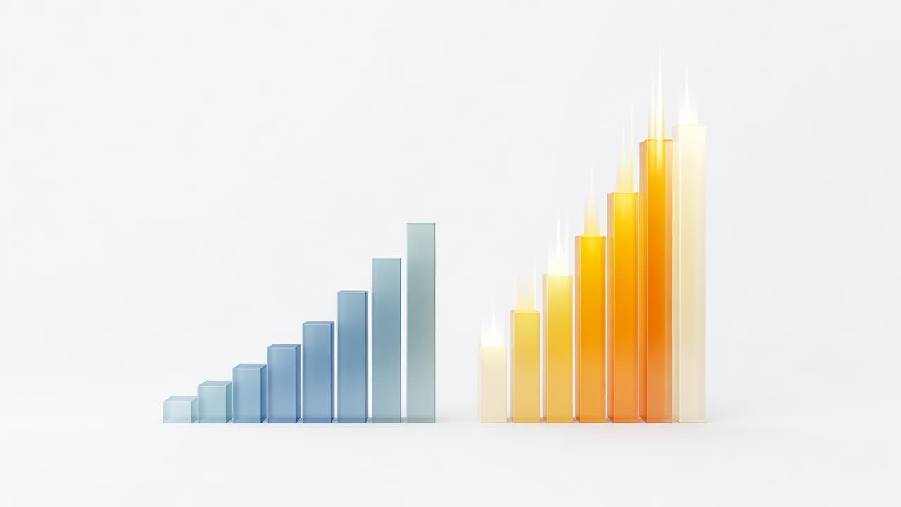 Two distinct data sets rise against a clean white backdrop, illustrating a gradual stair-step increase alongside a sudden, vertical surge. The soft lighting emphasizes the contrast between these two contrasting performance paths.