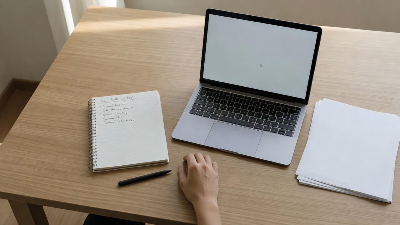 A person plans a project on a tidy desk with a laptop and notebook.