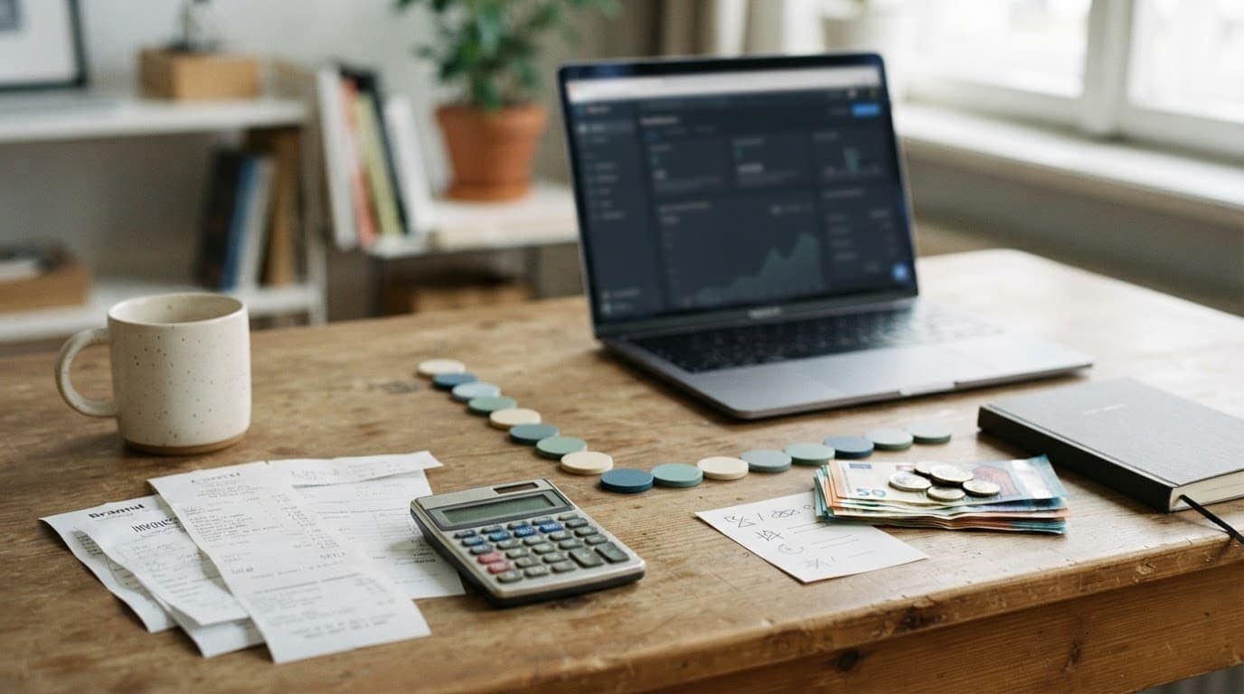 Receipts, a calculator, laptop, and colored tokens show spending linked to revenue.
