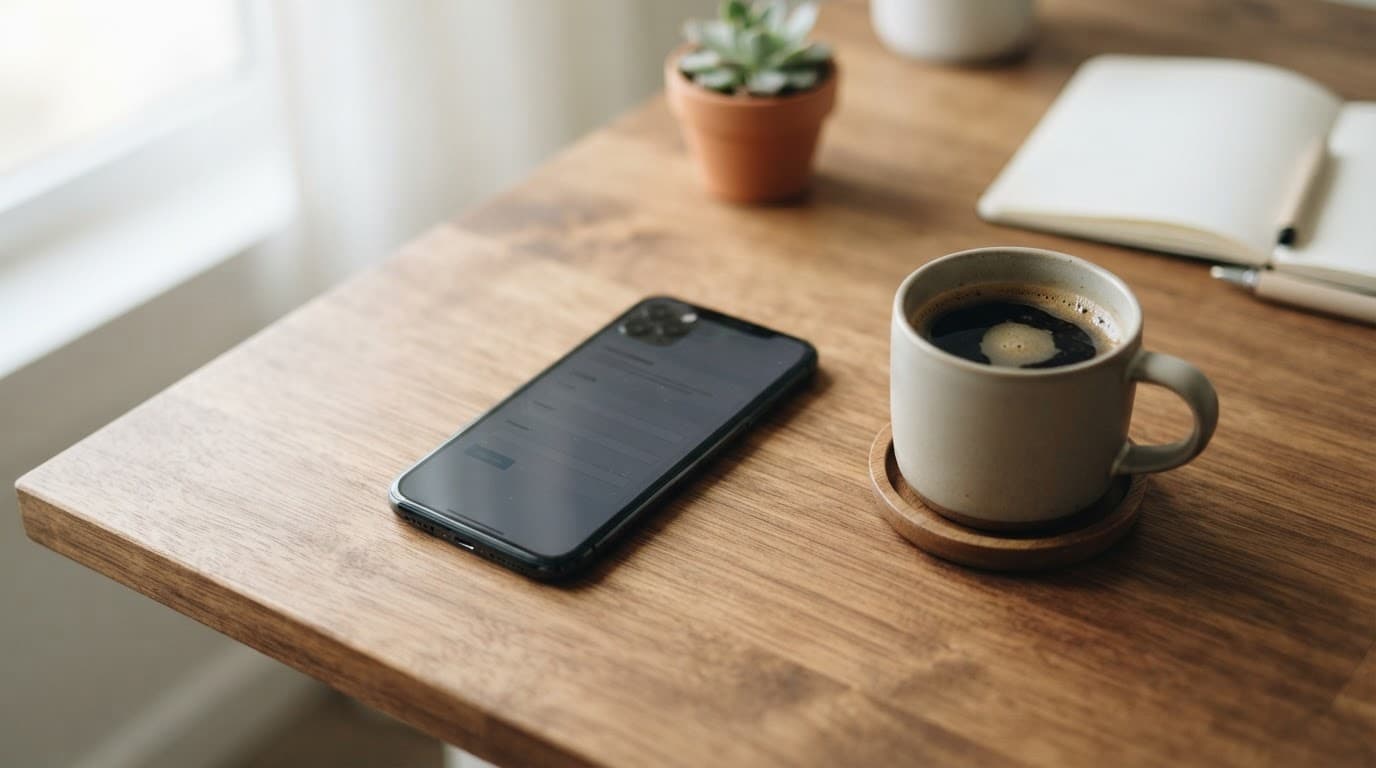 A smartphone and coffee cup sit on a clean wooden desk.