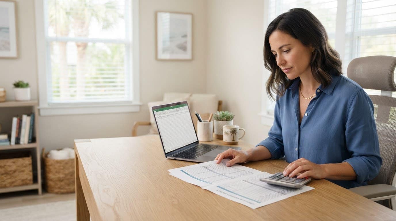 Business owner reviewing a budget sheet beside a laptop and calculator.