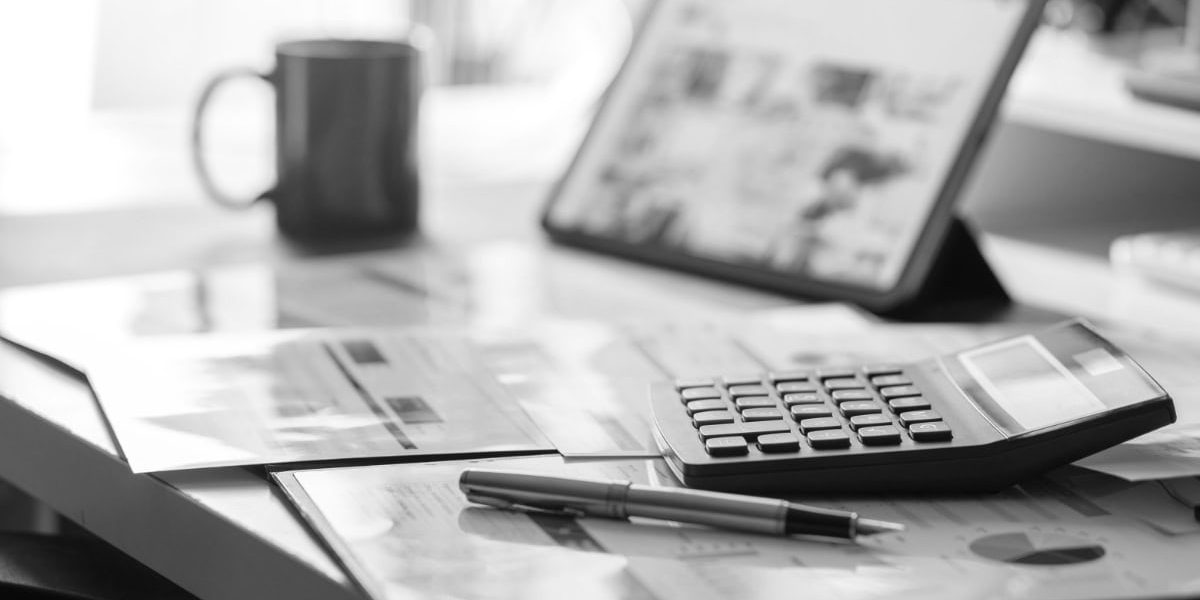 Business Graphs, Charts, Digital Tablet And Calculator On Office Desk. Financial Development, Banking Account And Statistics.
