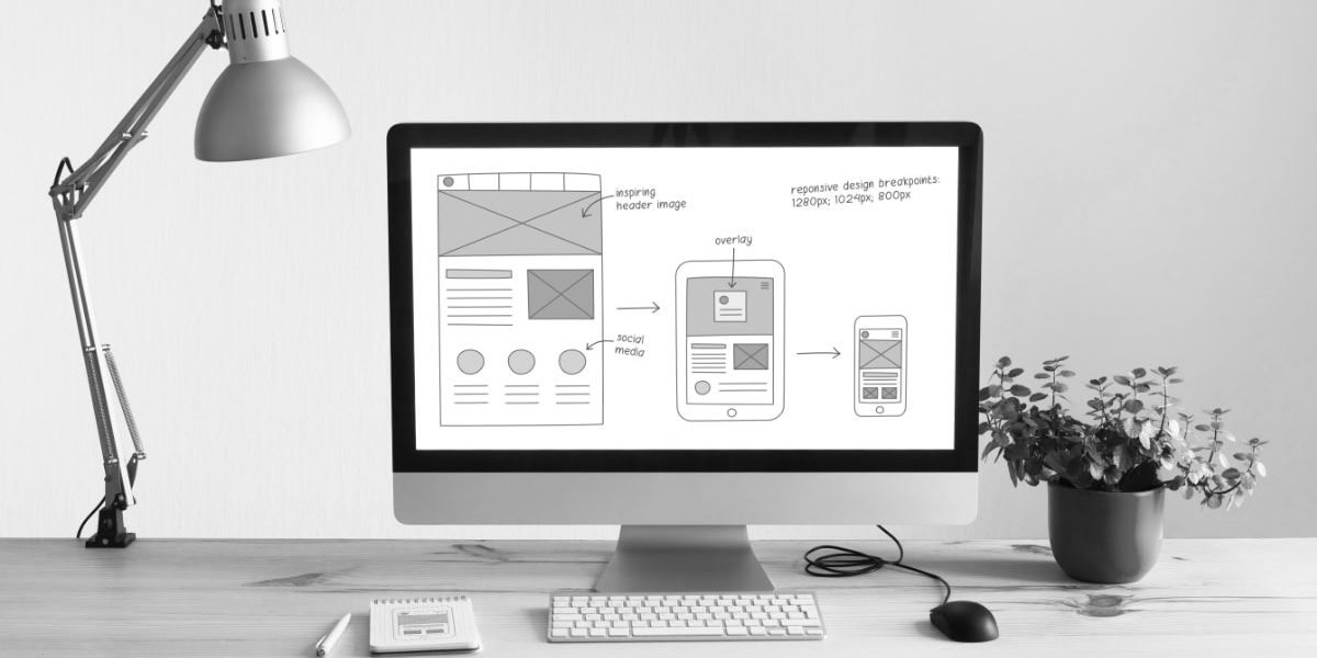 Responsive Web Design Website Wireframe Sketch Layout On Computer Screen