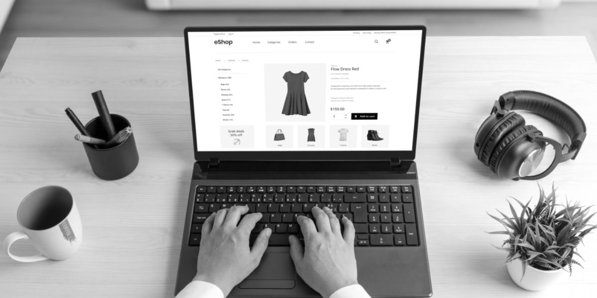 Stylish Woman Exploring The Clothes Online, Shopping, Selecting A Beautiful Red Dress That Perfectly Complements Her Taste And Personality